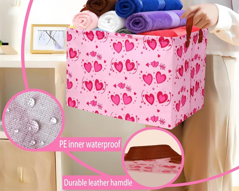 BOOHIT Pink Valentines Day Basket Large Foldable Heart Shaped Storage Box for Gifts Kids Empty Storage Bins Rectangular Toy Organizer Decor (Two Love) - Image 4